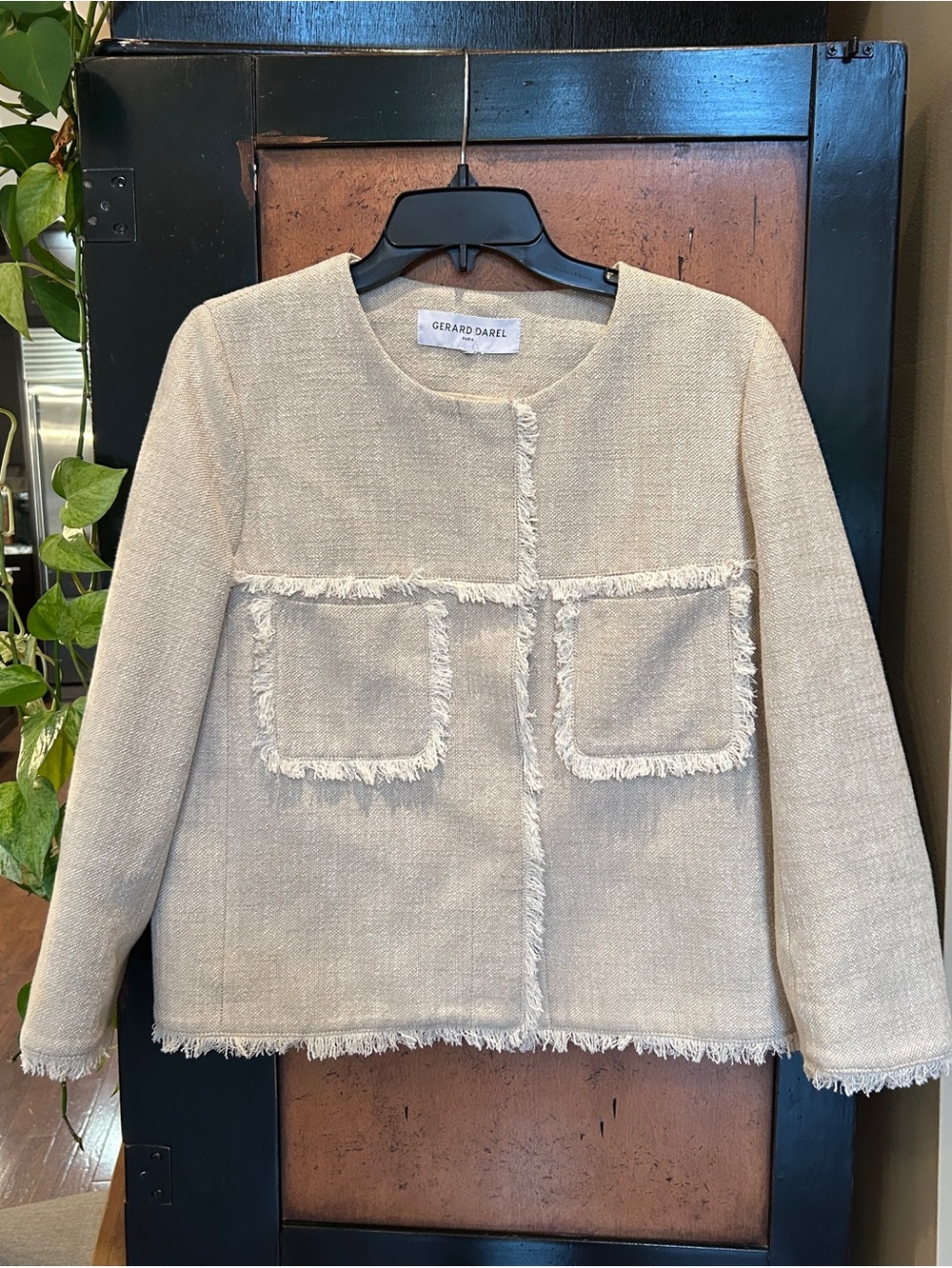 Gerard Darel Paris Beige Linen Fringed Jacket Sz L